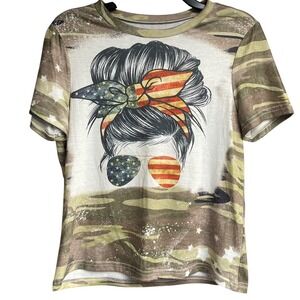 SHEIN‎ Camo Messy Bun American Flag Sunglasses T-Shirt Patriotic Top